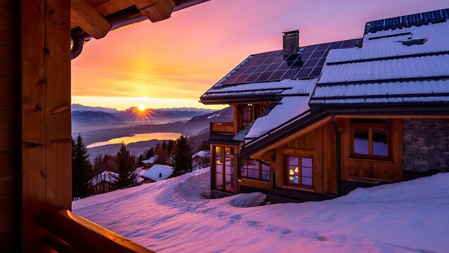 Idyllic Alpine Chalet at Sunrise Offering Stunning Mountain Views Landscape