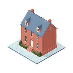 Narrow townhome residence, blue roof, red brick walls, stoop entry, compact urban housing, isometric architecture vector