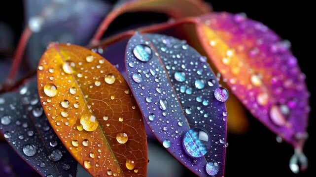 A leaf with water droplets on it. The leaf is purple and orange. The water droplets are small and scattered