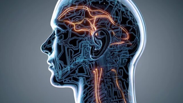 Side view of digital human with brain highlighted in circuitry. Intelligence mapped as glowing data. Technology and cybernetics drive artificial systems in futuristic network of human interface