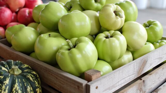 A display of apples and pumpkins at a market. The pumpkins are yellow and green, and the apples are red