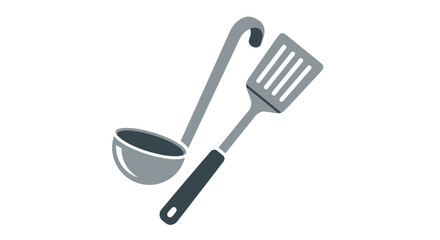 Grey Metal Kitchen Ladle and Slotted Spatula Cooking Utensils. © wongpunduh