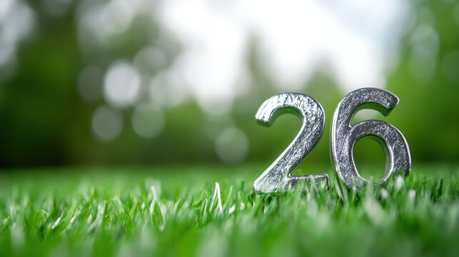 A close-up of the number 26 made of metallic material on green grass, symbolizing age, milestones, or events in nature.