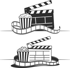 Movie Clapperboard and Popcorn Illustration Set.