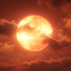 Obraz premium Stunning celestial display of a bright sun amidst fiery clouds, creating a dramatic and captivating scene for visual projects
