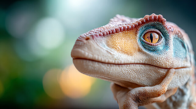 A close-up portrait of a colorful lizard showcasing unique textures and vibrant hues against a blurred background.
