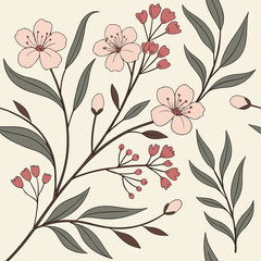 Seamless pattern of wildflowers and leaves in pastel color palette
