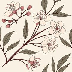 Elegant botanical seamless pattern with delicate pastel flowers and branches