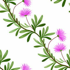 Seamless floral pattern with hand-drawn pink flowers and green leaves on a white background