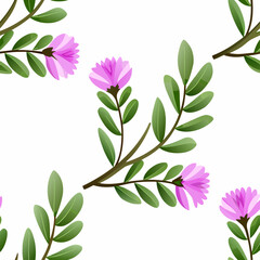 Seamless floral pattern with hand-drawn pink flowers and green leaves on a white background