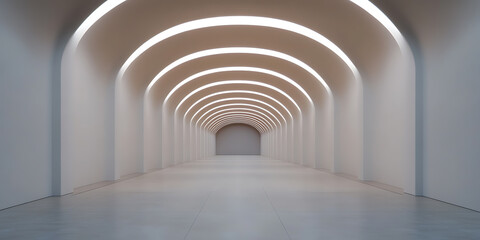 Fototapeta premium Symmetrical hallway featuring arched entryways illuminated from above, creating a visually captivating architectural tunnel. Minimalist design with soft lighting.
