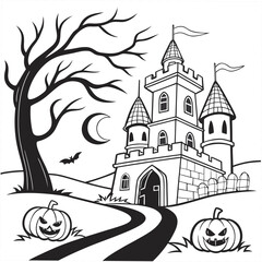 haunted castle with halloween pumpkins Vector illustration of black and white coloring page 