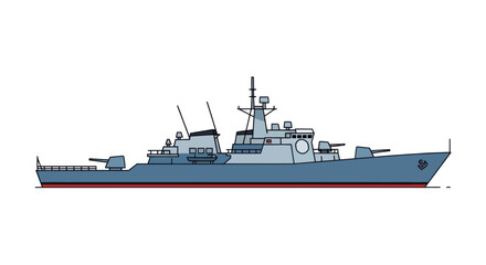 Modern Naval Warship Illustration with Guns and Radar Equipment. © wongpunduh