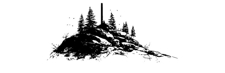 Obraz premium a black and white drawing of a rocky island with trees and a tall poleblack, ink, man, mountain, pine, pole, skier, stone, tree, white 