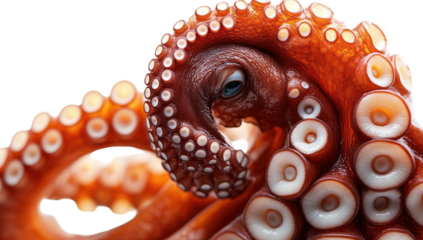 Close-up of a vibrant, textured octopus with tentacles curled and a single eye