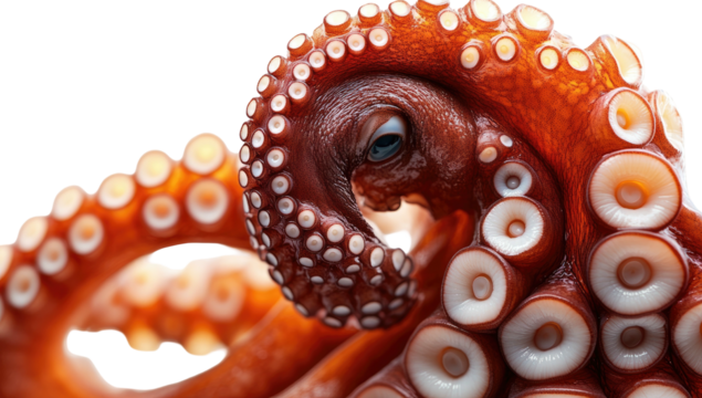 Close-up of a vibrant, textured octopus with tentacles curled and a single eye