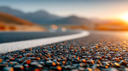 Fototapeta premium A close-up view of a winding road at sunset, showcasing smooth asphalt with pebbles and distant mountains against a warm sky.