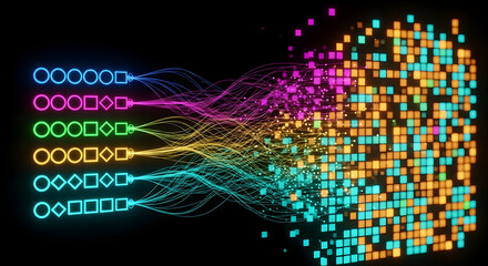 Abstract visualization of data processing, from structured workflow to decentralized blocks