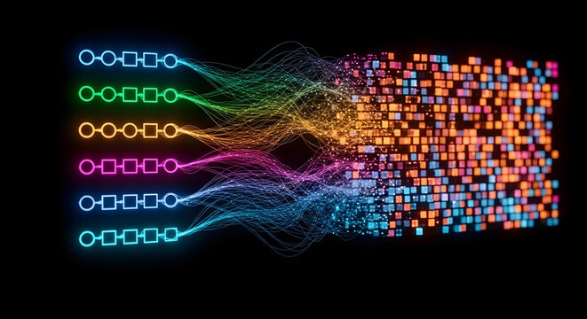 Abstract visualization of data processing, from structured workflow to decentralized blocks