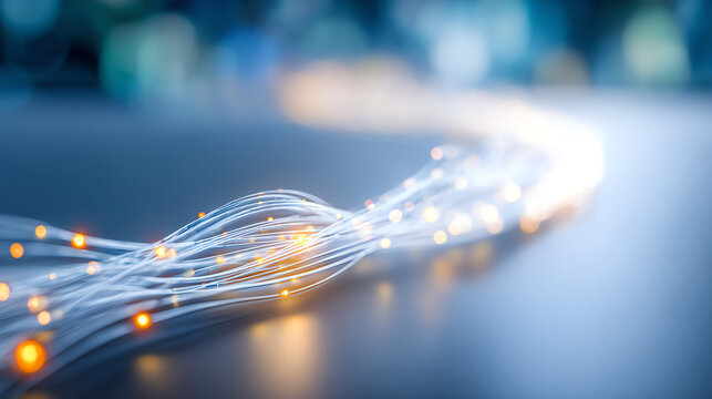 A close-up view of glowing fiber optic cables emphasizing speed and connectivity in modern data communication.