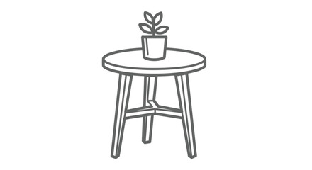 Minimalist line art illustration of a small potted plant on a round wooden side table.