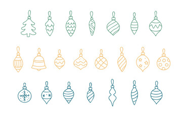 Hand-drawn Christmas tree ornaments. Festive decorative elements for decorating your tree in doodle style. Vector.
