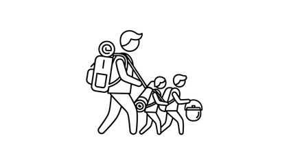 Family hiking adventure with backpacks and camping gear.