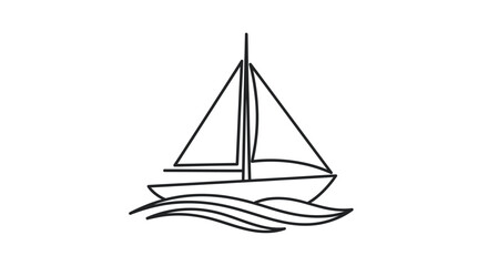 Simple Line Art Sailboat on Water Waves.