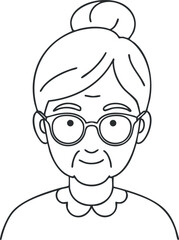 A cartoon illustration of a friendly elderly woman with glasses and a hair bun.