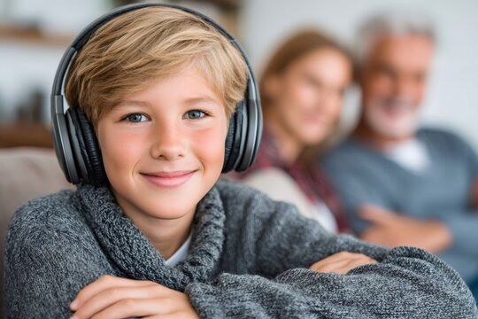 Happy boy wearing headphones listening to music with family