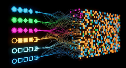 Abstract visualization of data processing, from structured workflow to decentralized blocks