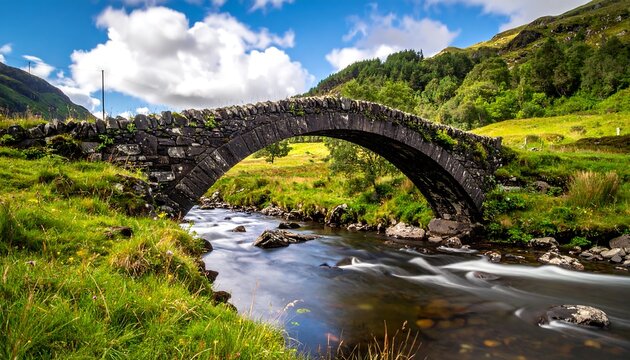 A stone arch bridge gracefully spans a flowing river, surrounded by lush green hills under a vibrant blue sky with fluffy clouds