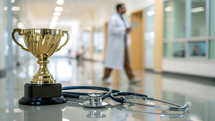 Golden trophy and stethoscope placed on shiny hospital floor with doctor walking in background perfect for healthcare achievements, medical excellence and professional awards visuals