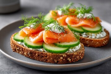 Smoked salmon toast with cucumber and dill