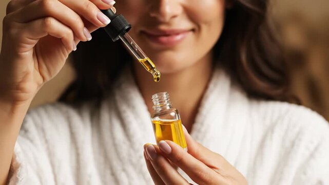 Woman applying facial serum from a dropper bottle, skincare routine, beauty and wellness concept vector illustration