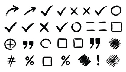 Collection of hand drawn black brush stroke symbols and icons on white background check mark cross mark