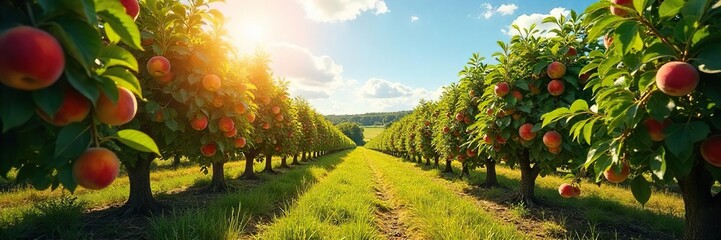 Sun-Drenched Peach Orchard Ripe Fruit Ready for Harvest. Rows of laden trees create a picturesque scene of summer abundance and natural beauty, perfect for farming and harvest imagery.