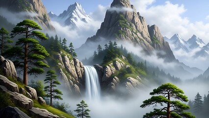 Mountain Waterfall Scenic Landscape with Green Trees and Cloudy Sky