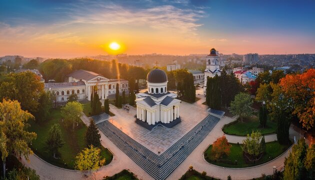 Fototapeta chisinau moldova during sunrise nativity cathedral and triumphal arch beautiful panoramic shot captures the historic heart of the moldovan capital symbolizing a new day and hope