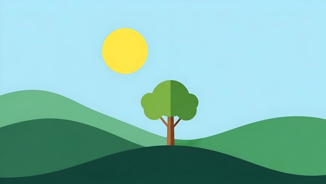 Simple Green Hills Landscape with Yellow Sun and Tree Flat Design