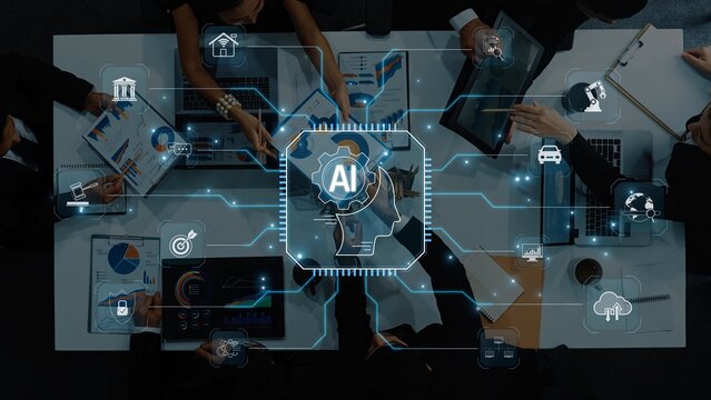 A dynamic business meeting showcasing professionals analyzing data with artificial intelligence visuals around a modern office setup, emphasizing collaboration and innovation. Raster