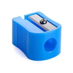 Fototapeta premium A close-up studio shot depicts a blue plastic pencil sharpener against a plain white background