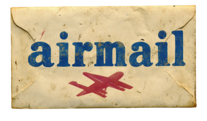 Distressed vintage airmail envelope with blue text and red airplane illustration