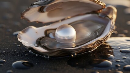 Iridescent Pearl in Oyster Shell on Wet Dark Surface with Glistening Water Drops
