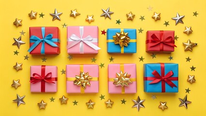 Assorted Gift Boxes and Star Confetti on Yellow Background