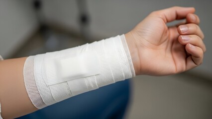 Obraz premium Arm with White Bandage Healing Wrist Injury First Aid