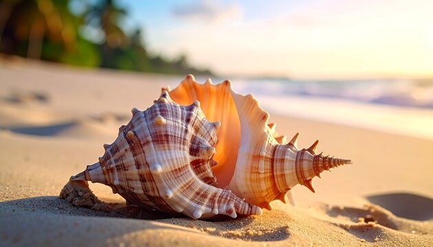 A large, intricate seashell rests on sun-kissed sand, with the blurred ocean in the background, and a warm glow from the setting sun