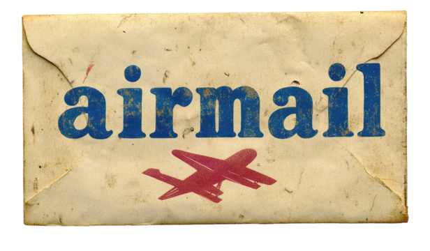 Distressed vintage airmail envelope with blue text and red airplane illustration