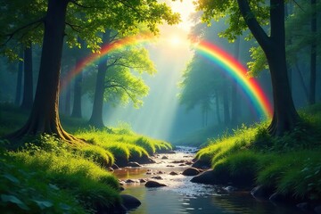 Magical Rainbow Arcing Over Lush Forest and Stream Ethereal Nature Scene
