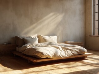 A bed with two pillows and a wooden frame